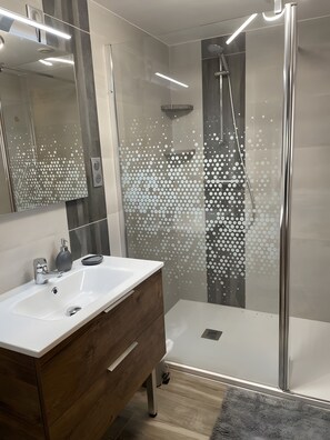 Chuveiro, secador de cabelo, toalhas de banho 