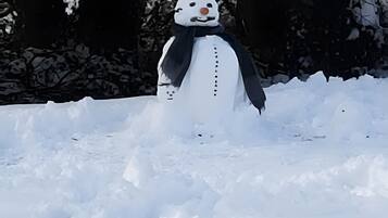 Un muñeco de nieve en un paisaje nevado.