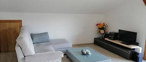 Ein modernes Wohnzimmer mit grauem Sofa, Couchtisch, Flachbildfernseher und Holzbalkendecke.