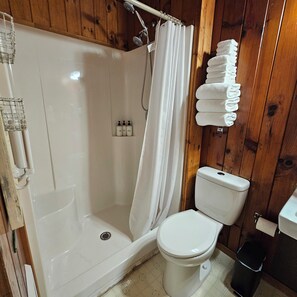 Secadora de cabello, toallas, jabón, papel de baño 