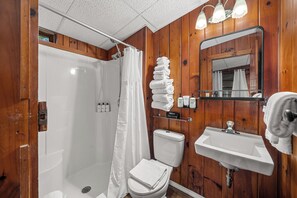Secadora de cabello, toallas, jabón, papel de baño 