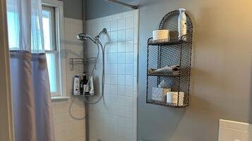 Hair dryer, towels, soap, toilet paper