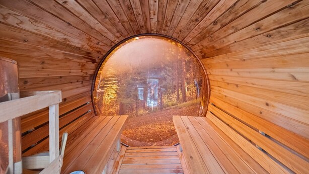 Un túnel de madera con bancos y vistas a un bosque.