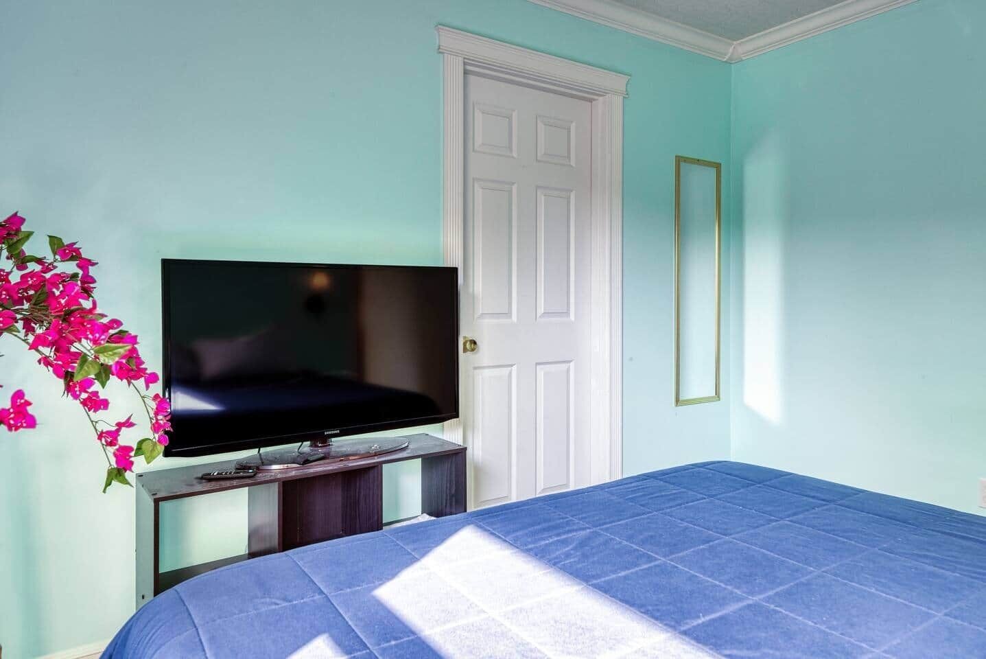 Una stanza con un letto, una televisione su un mobile, una porta bianca e uno specchio fissato al muro.