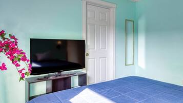 Una stanza con un letto, una televisione su un mobile, una porta bianca e uno specchio fissato al muro.