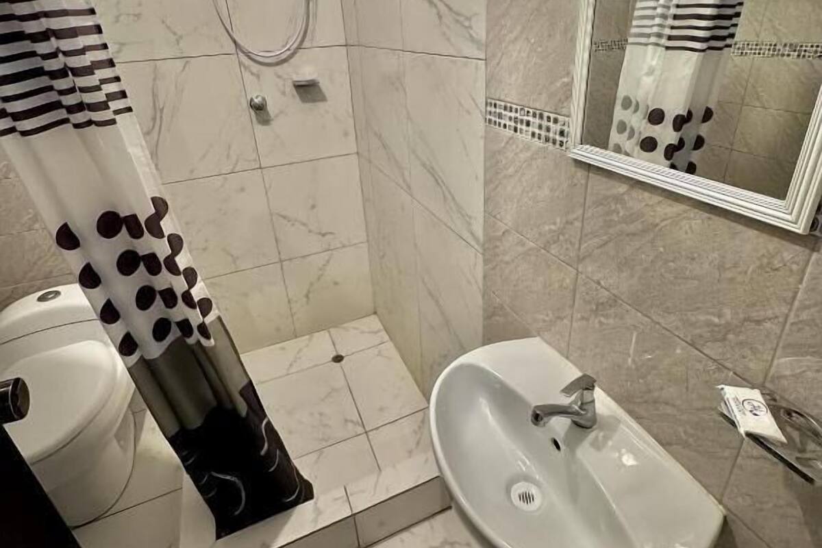 Ένα μπάνιο με έναν λευκό νιπτήρα, έναν καθρέφτη, ένα ντους και μια τουαλέτα.