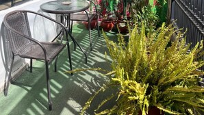 Eine kleine Terrasse im Freien mit einem runden Tisch und zwei Korbstühlen, umgeben von Topfpflanzen und einer Kaktee.