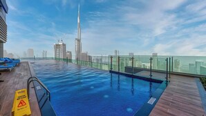 Pool på taget med vådt gulv skilt, bysilhuet i baggrunden og en klar blå himmel.