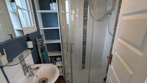 A bathroom with a glass-enclosed shower, a sink, and a mirror.