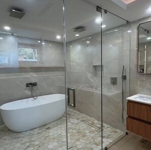 Hair dryer, towels, soap, toilet paper