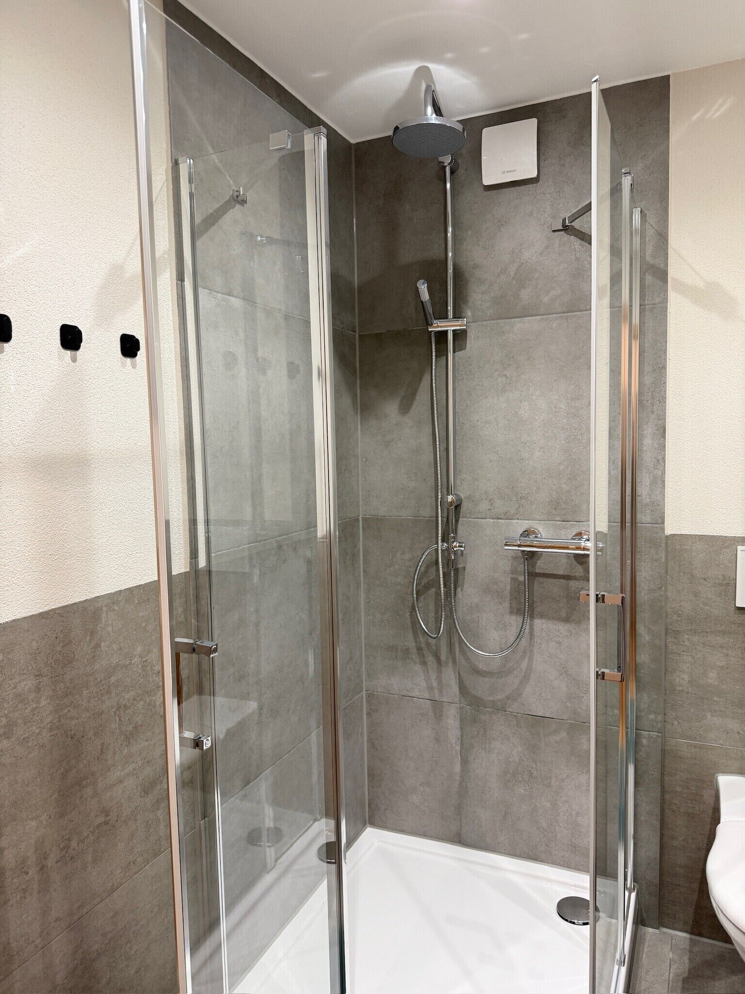 Dusche, Haartrockner, Handtücher, Seife