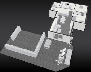 A 3D architectural model of a hotel with a central courtyard, multiple rooms, and a dining area. - Bavarian Pre-Alps -Wiesenglück- Retreat-Between Allgäu and the Alps (Prem)