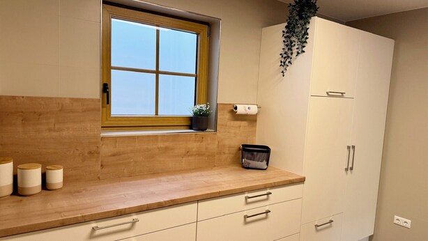 Una cocina con ventana, encimera de madera, armarios y una planta colgante.