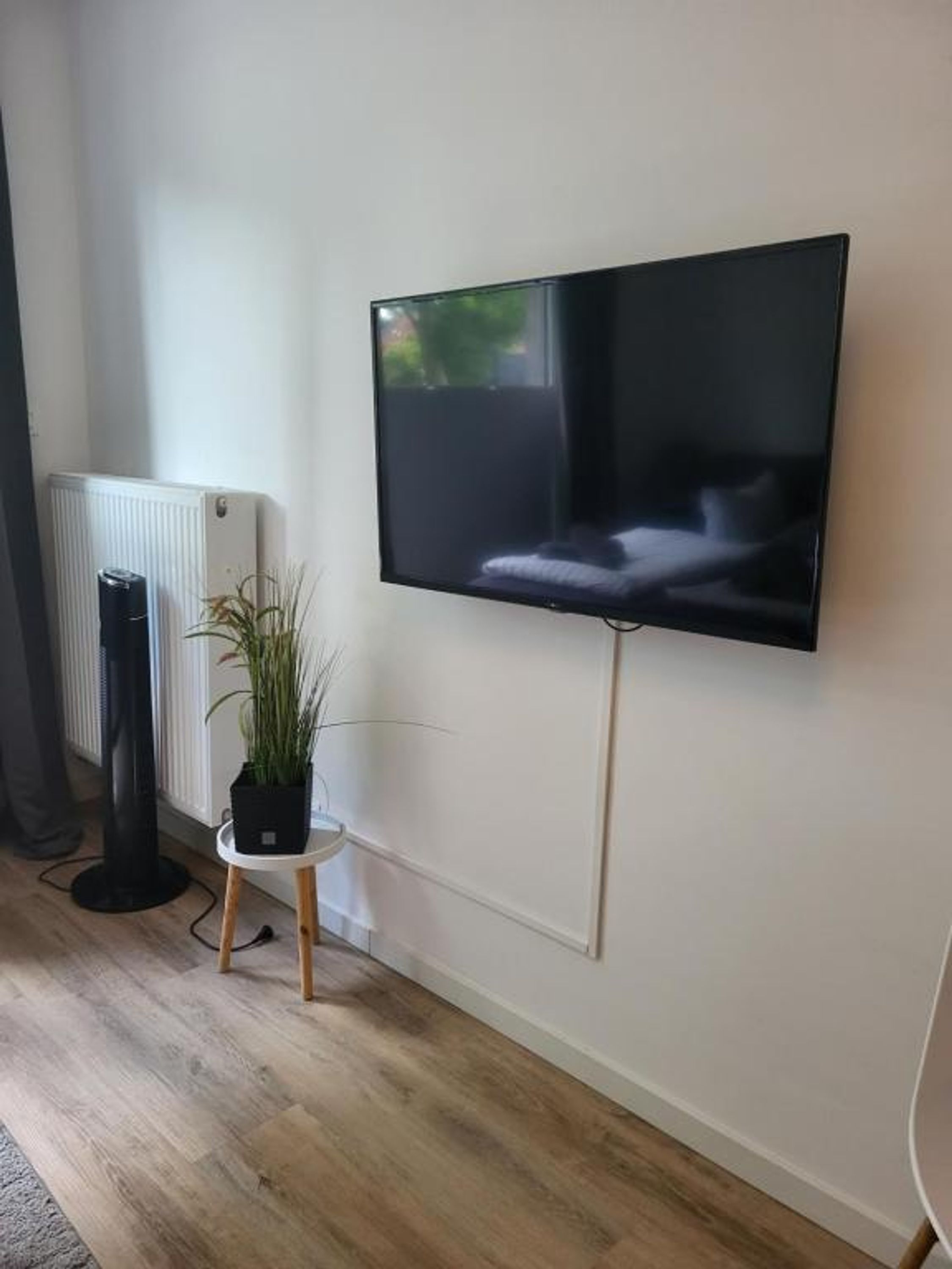 Ett modernt vardagsrum med en platt-TV som är monterad på väggen, en fristående värmare och en krukväxt på ett litet bord.