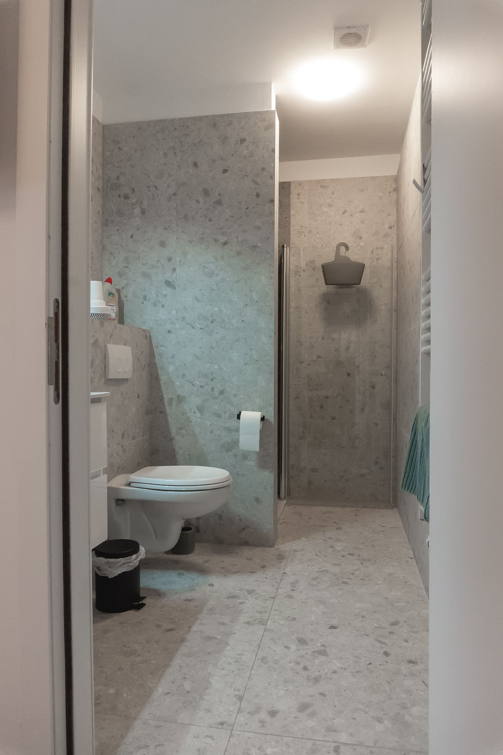 Un baño con inodoro, ducha y perchero.