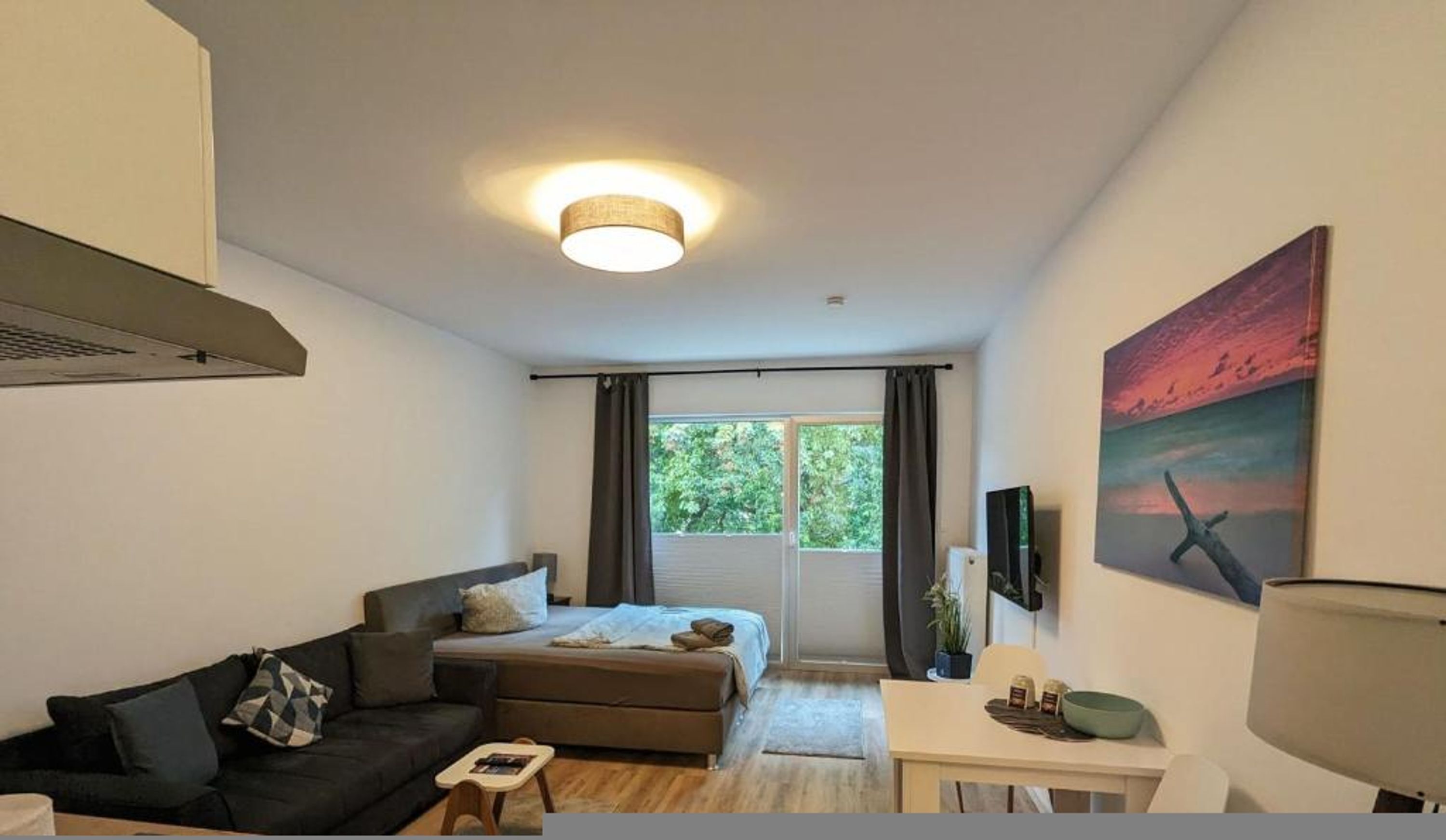 Een moderne woonkamer met een bank, een kleine tafel, een bed en een schilderij aan de muur.