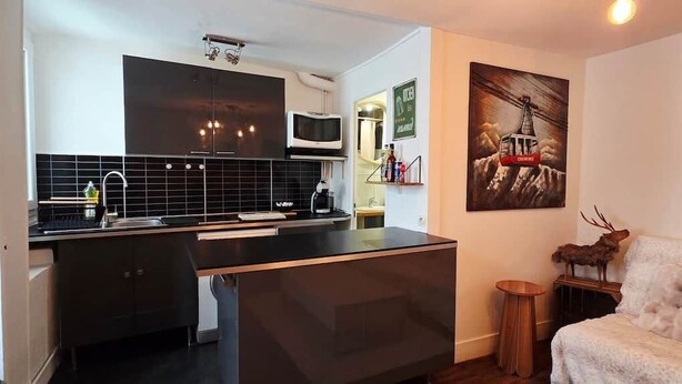 Une cuisine de taille réduite avec un plan de travail noir, un four à micro-ondes et un évier. Un tableau encadré est accroché au mur, et une tête de cerf décorative est posée sur une table d’appoint.
