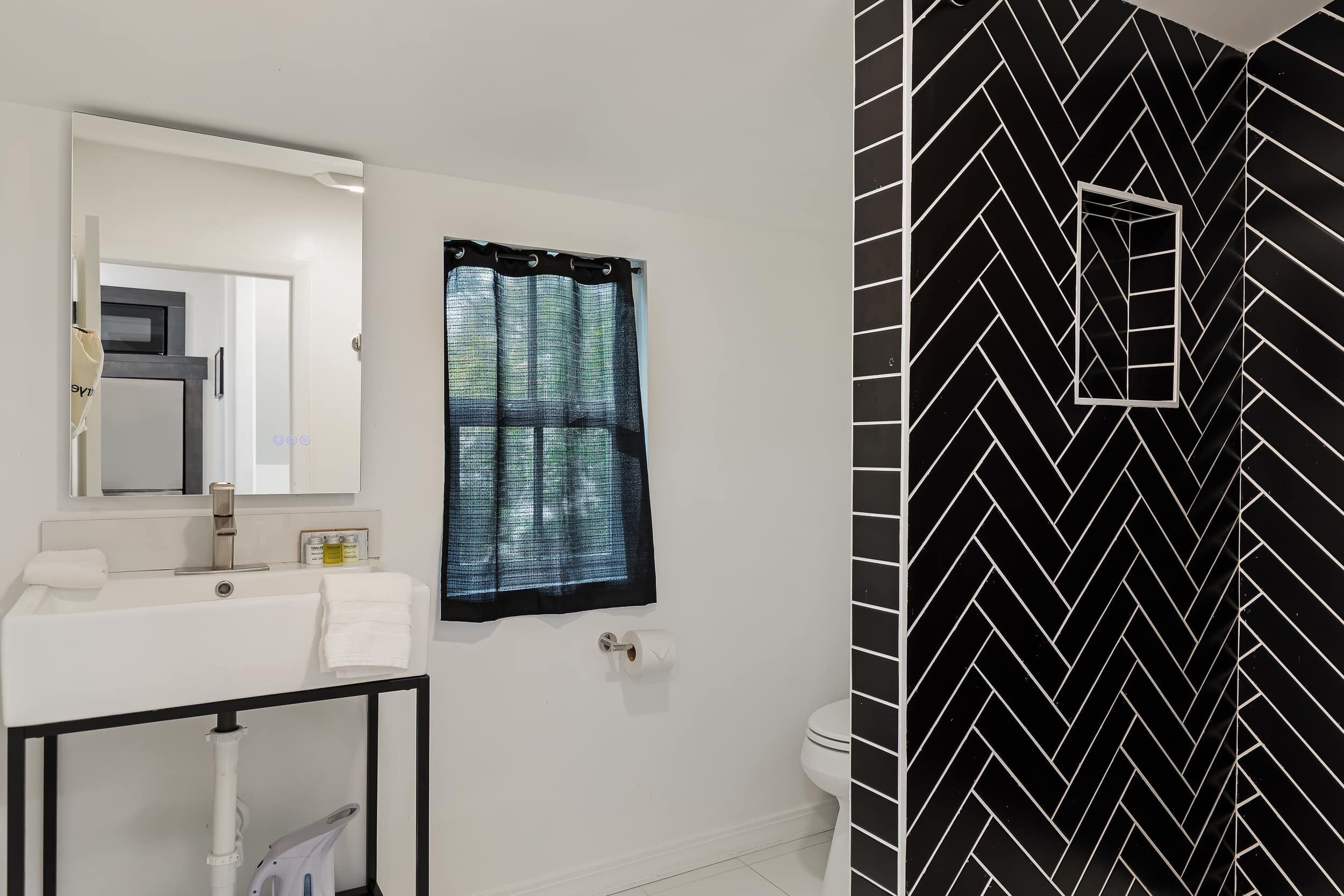 Shower, hair dryer, shampoo