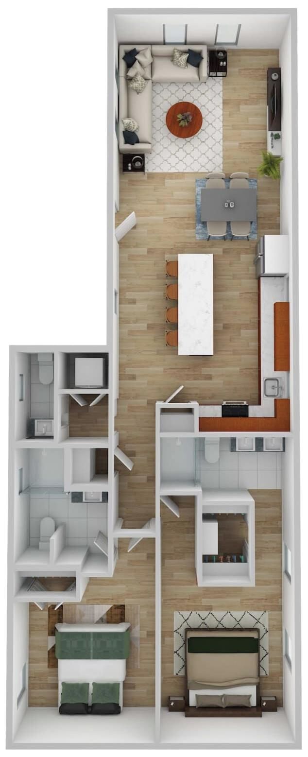 Plano de planta de un apartamento moderno que incluye sala de estar, comedor, cocina, dos dormitorios y un baño.