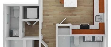 Plano de planta de un apartamento moderno que incluye sala de estar, comedor, cocina, dos dormitorios y un baño.