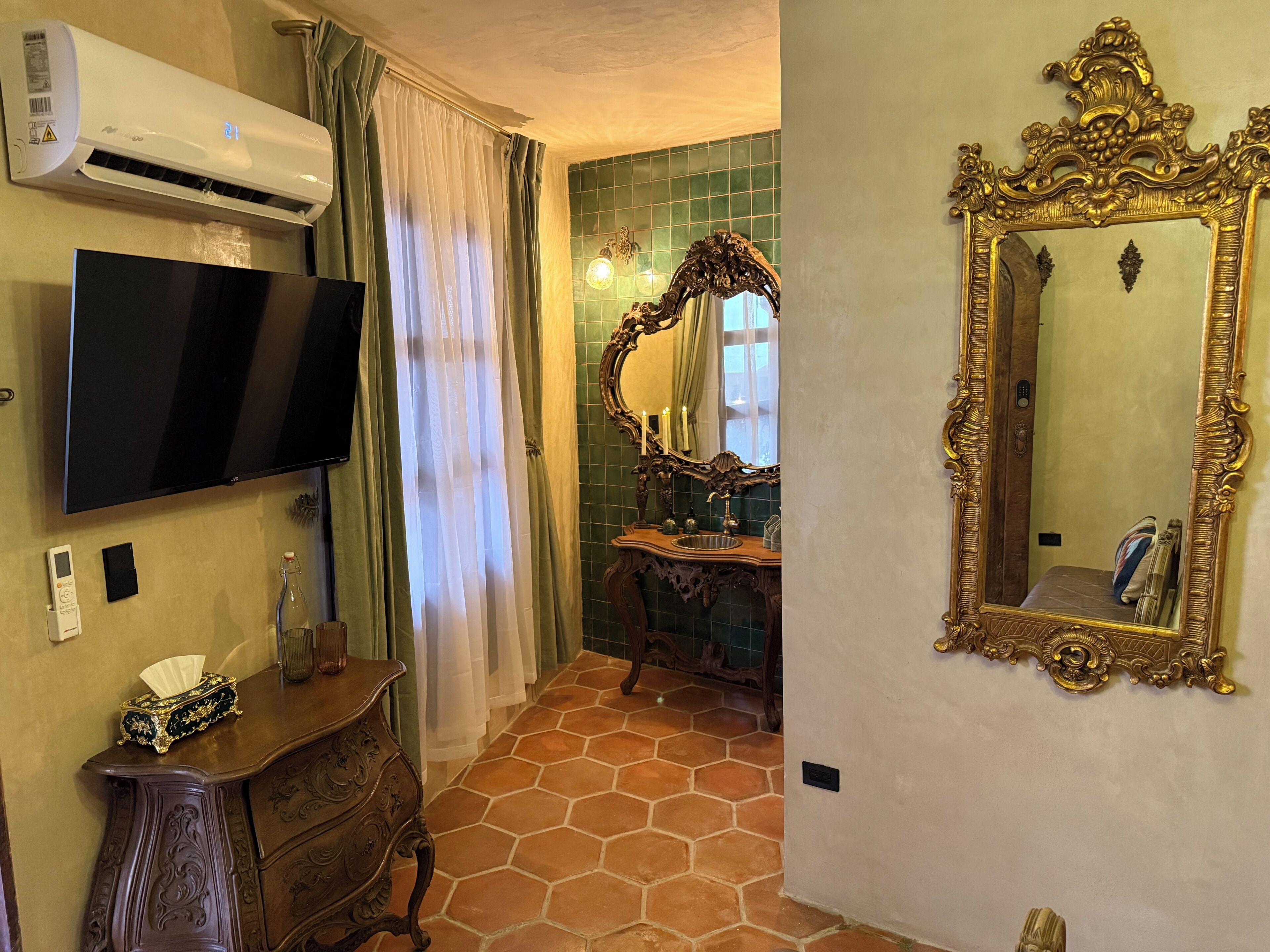 Desk, laptop workspace, blackout curtains, iron/ironing board