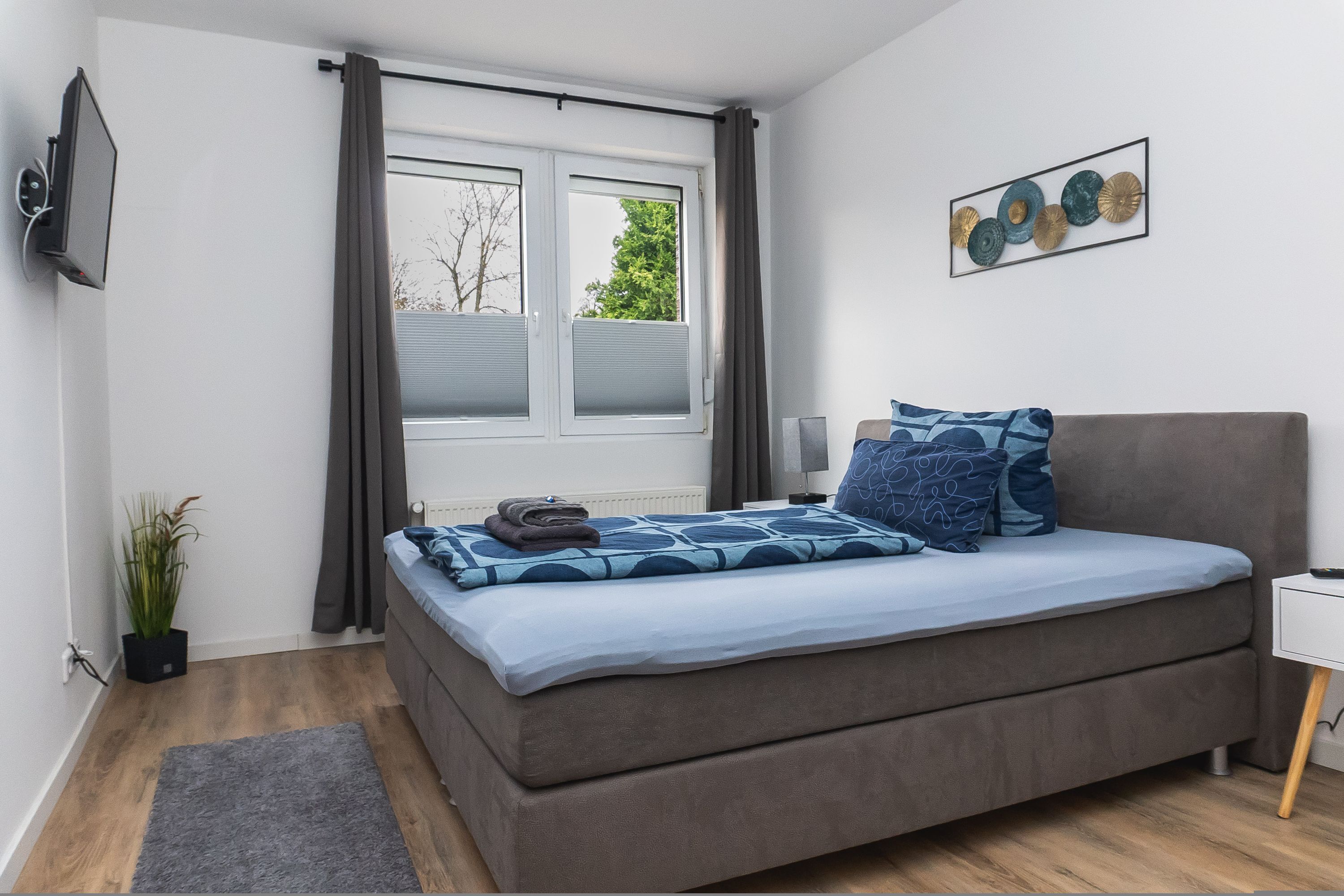 Une chambre moderne avec un lit, un téléviseur à écran plat, une fenêtre avec des rideaux, une plante en pot et une œuvre d’art murale.