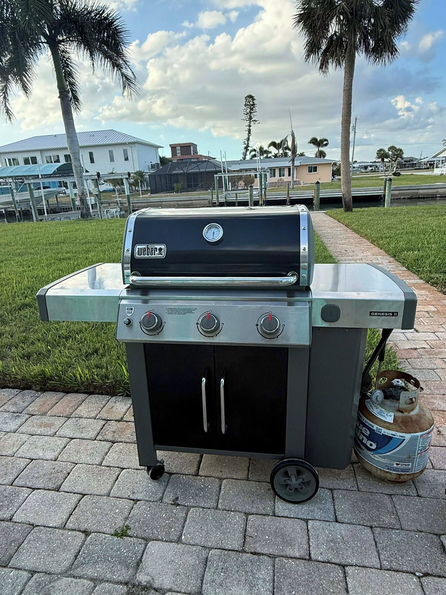 Una parrilla Weber Genesis II portátil con tanque de gas, ubicada en un área pavimentada con césped y palmeras al fondo.