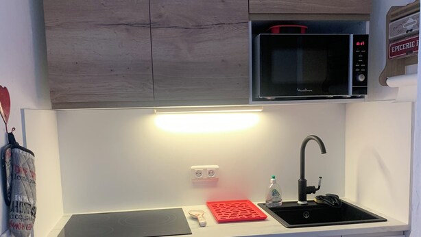 A compact kitchen with a microwave, sink, and dishwasher. - 4/5-person apartment at the foot of the slopes (Risoul)
