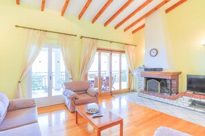 TV, fireplace, books, stereo - Villa Natasha in Nisaki (Katavolos)
