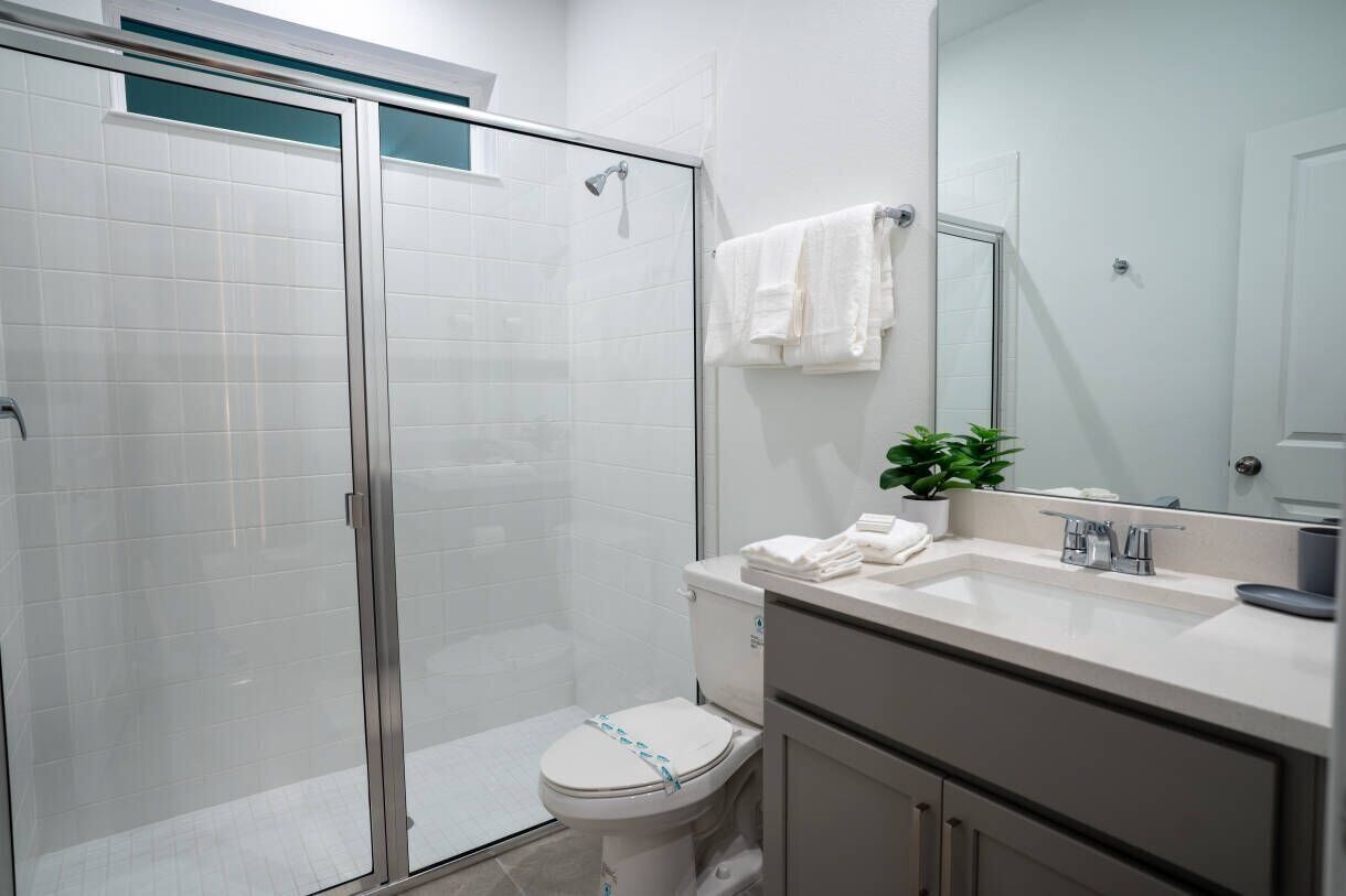 A modern bathroom with a glass shower enclosure, a white toilet, a sink with a mirror, and a small potted plant.