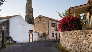 A narrow street with stone buildings, a church tower, and a pink flowering bush. - Villa Sevi in Loggos (Paxi)