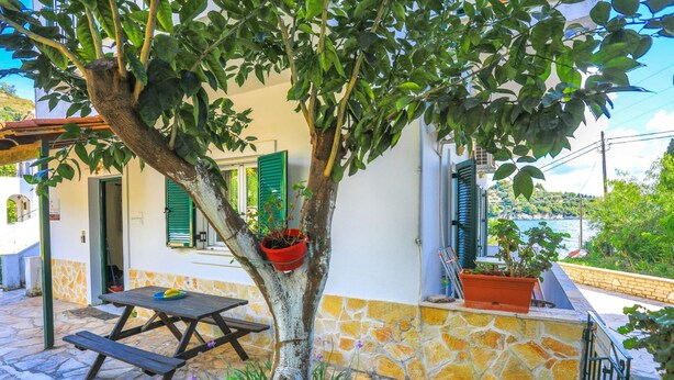 Une terrasse dallée de pierres, avec une table et des bancs en bois, un arbre orné de jardinières suspendues, et une vue sur la mer.