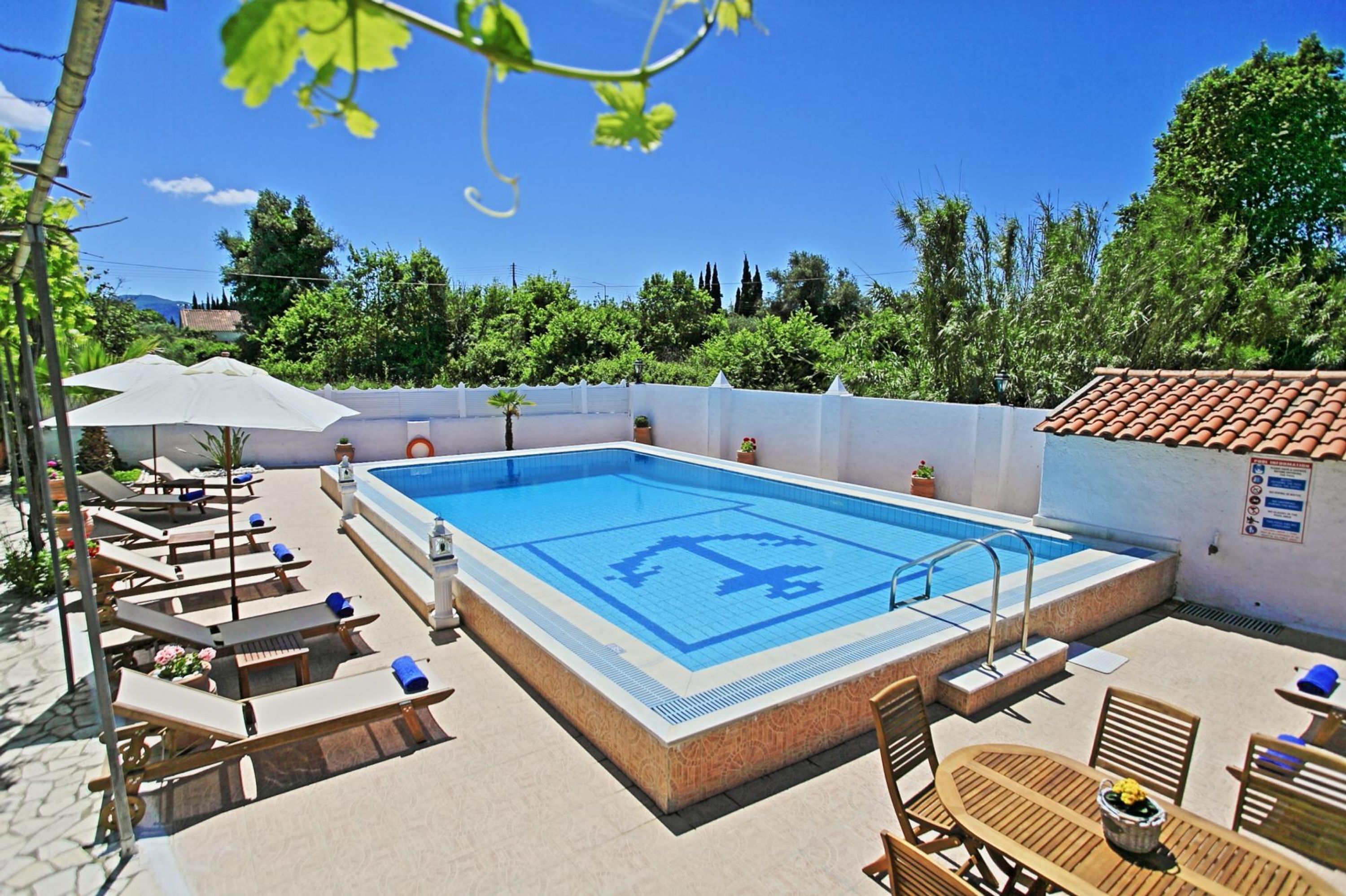 A swimming pool with lounge chairs and umbrellas, surrounded by greenery and a tiled roof.