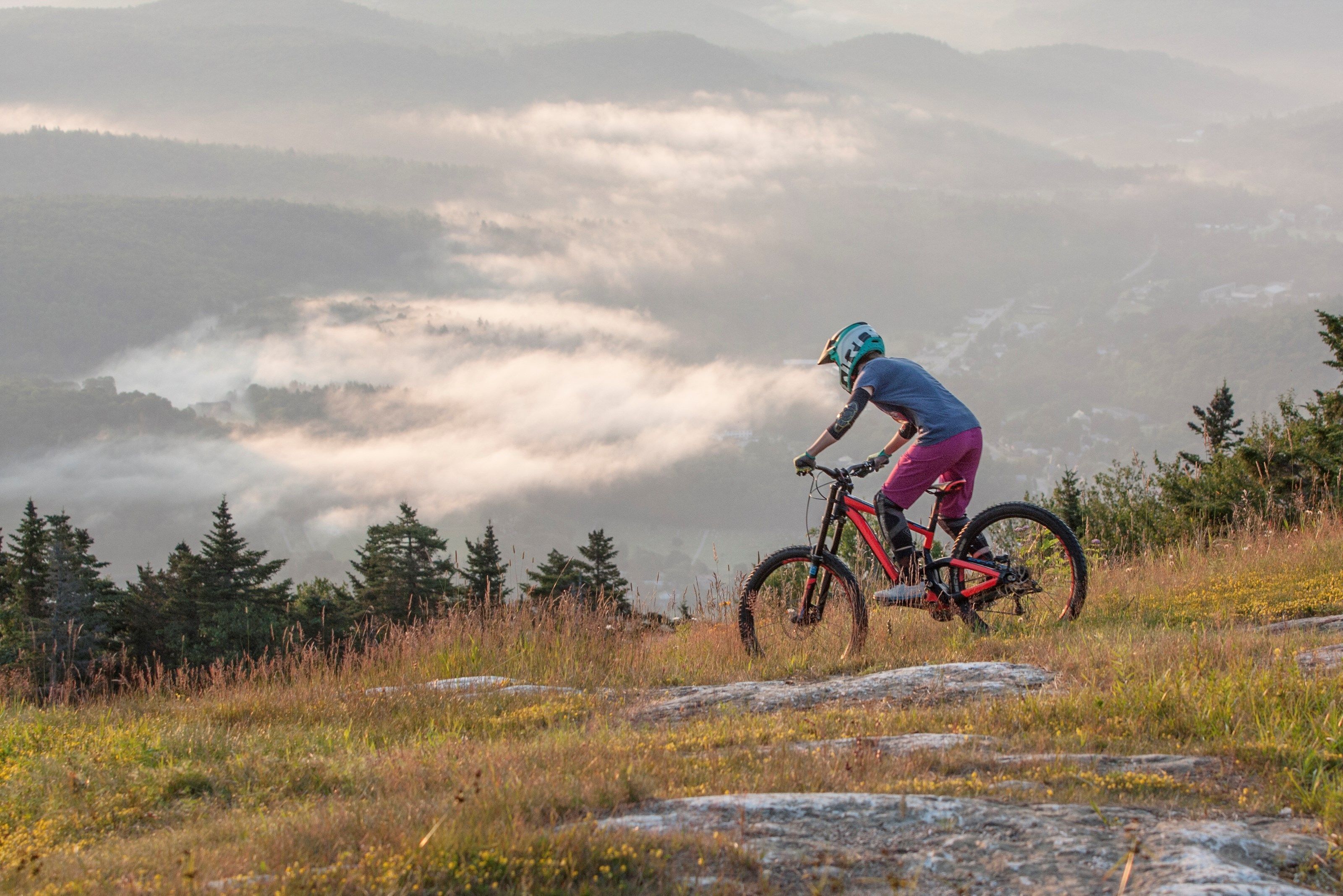 A mountain biker on a trail with a forested backdrop and mist-covered mountains.