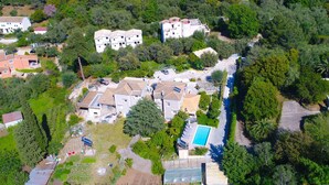 Vista aérea de una zona residencial con varias casas, una piscina y un invernadero.