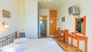 Una camera da letto con un letto, una scrivania, una sedia, una televisione e uno specchio.