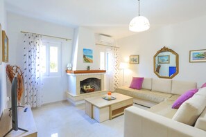TV, fireplace, books - Achilleion Forest Villa (Souleika)