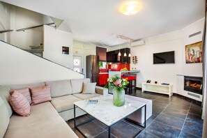 TV, fireplace, books, stereo - Sunny Villa Grande in Kassandra (Chaniotis)