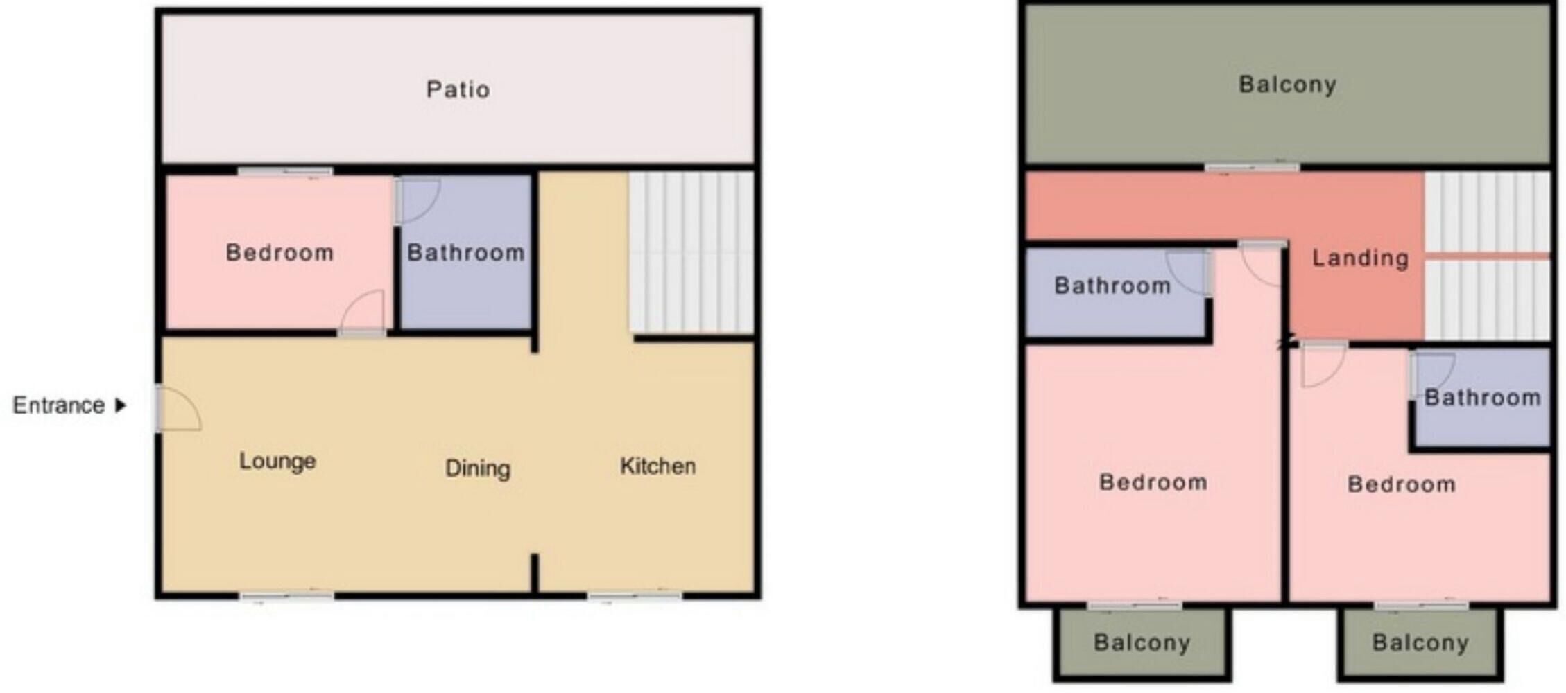 Un hôtel comprenant un patio, un balcon, un salon, une salle à manger, une cuisine et plusieurs chambres.