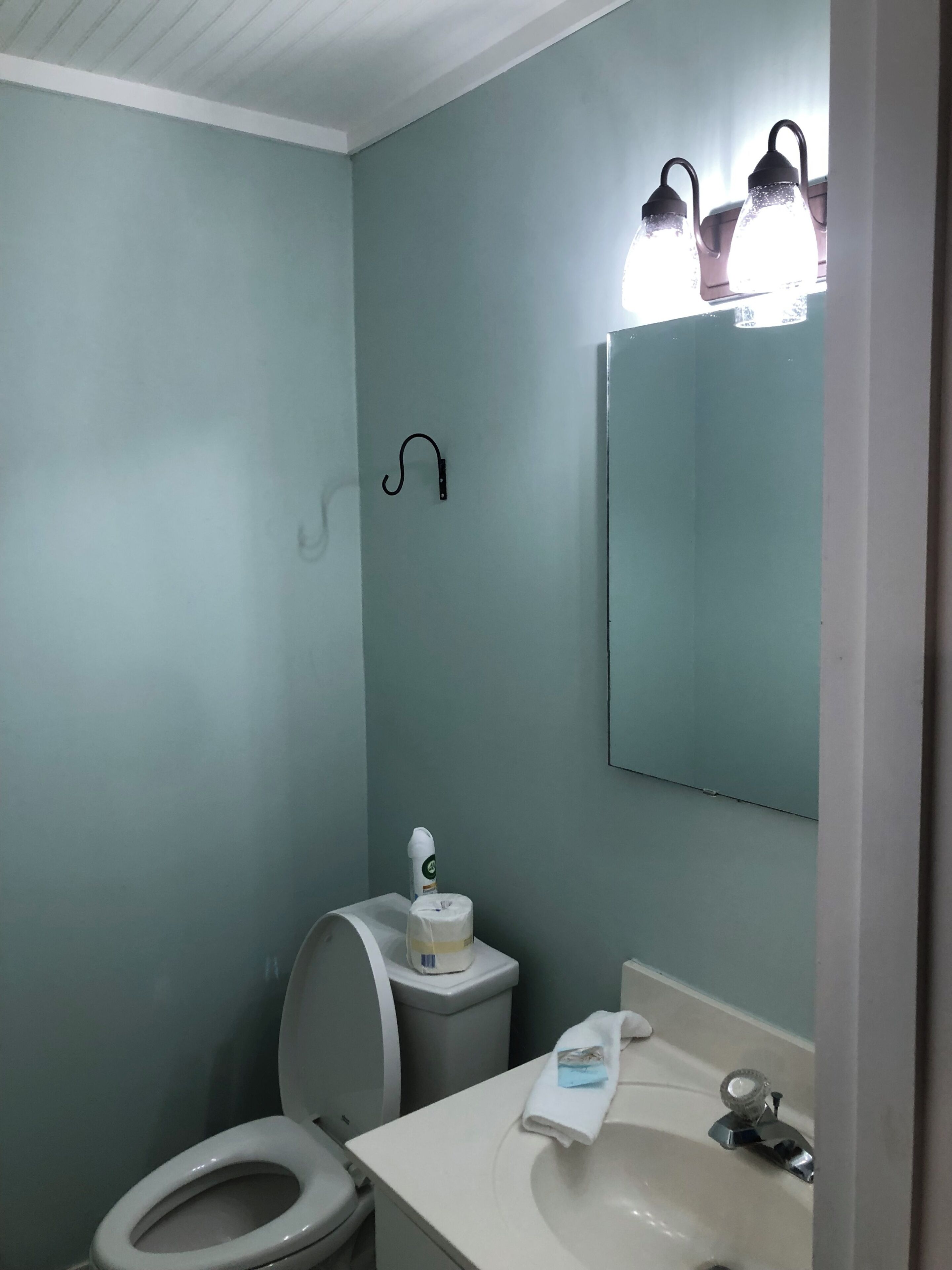 Un baño con inodoro, lavamanos y espejo.