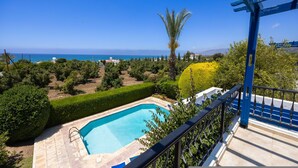 A pool with a clear view of the sea, surrounded by greenery and a blue railing. - Lemon Grove Villa Ena (Argaka)