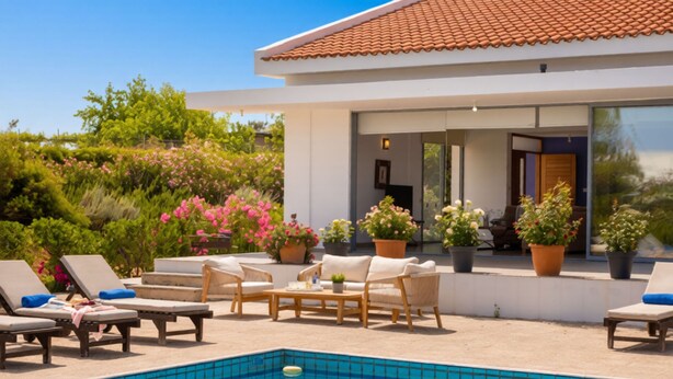 Ein modernes Haus mit Swimmingpool, Liegestühlen und Topfpflanzen.