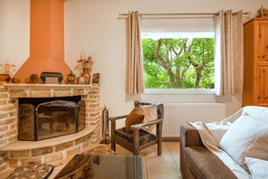 TV, fireplace, books - Galini Vines House: Authentic Corfu village life. WiFi. A/C (Corfu)