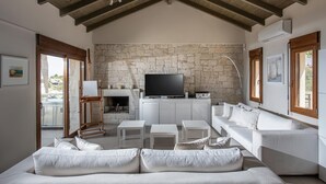 A spacious living room with a stone fireplace, white furniture, and a television. - Omega House in Crete (Ligaria)