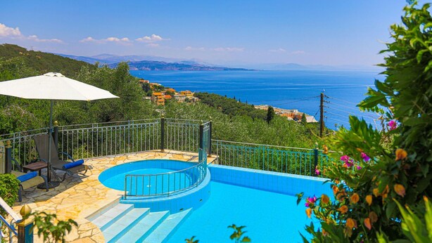 A swimming pool with a view of the sea, surrounded by greenery and a stone deck. - Old Stone House in Nisaki (Nisaki)