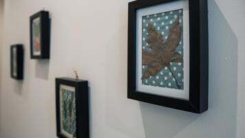 Un mur orné de tableaux encadrés, dont un représentant une feuille et d’autres œuvres aux motifs abstraits.