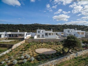 Una villa moderna y blanca con un amplio patio, rodeada de un jardín ajardinado y un muro de piedra.