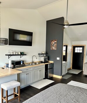 A modern kitchen with a flat-screen TV, a microwave, and a sink. - Beautiful apartment in welcoming Cooperstown, on Otsego Lake (Cooperstown)