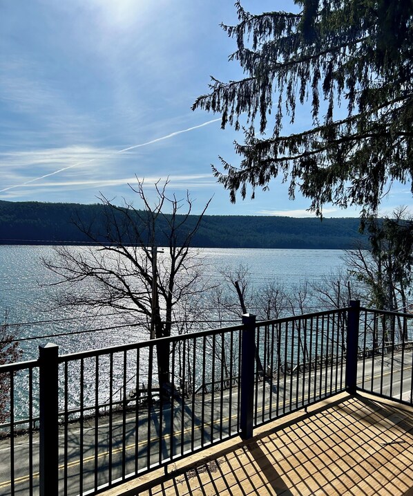 A wooden deck with a metal railing overlooking a lake, trees, and a distant hill.