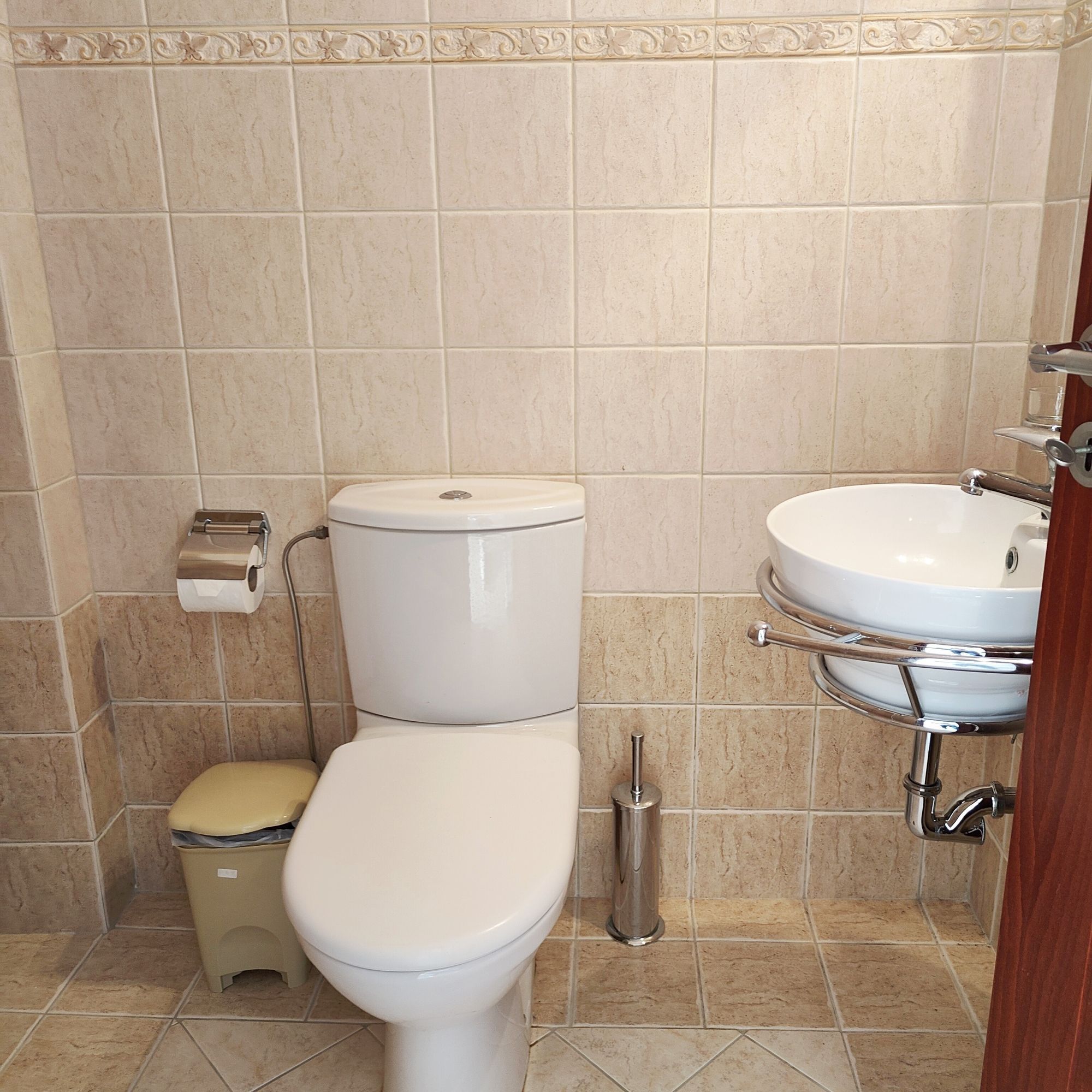 A bathroom with a toilet, a sink, and a roll of toilet paper on the wall.